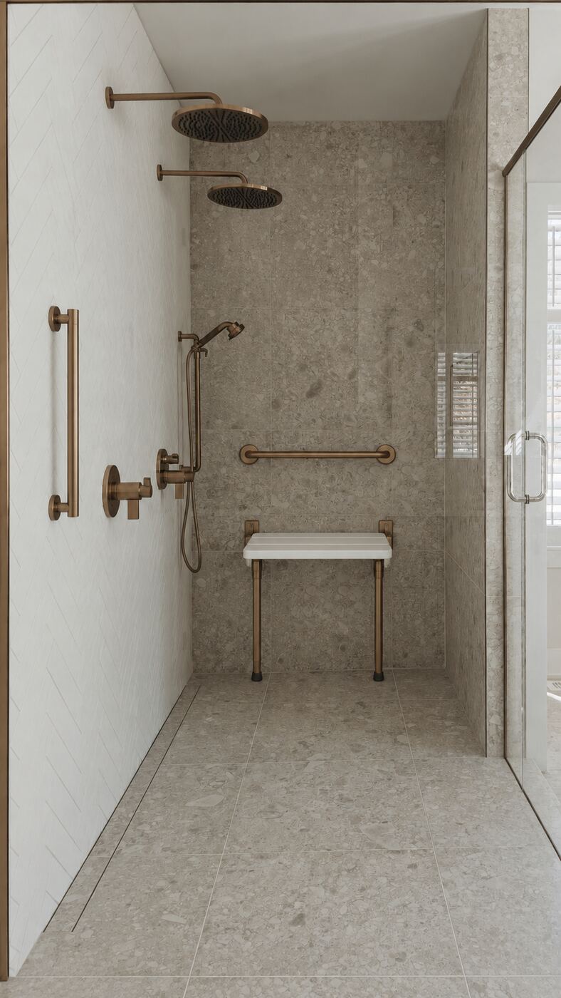 Après : douche à l'italienne avec siège rabattable et barres d'appui