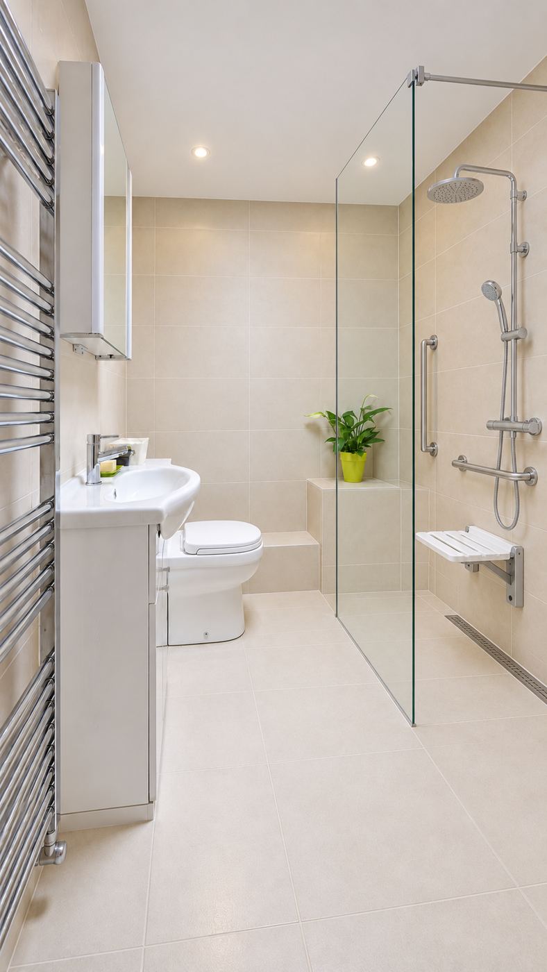 Après : douche ouverte avec paroi vitrée et siège