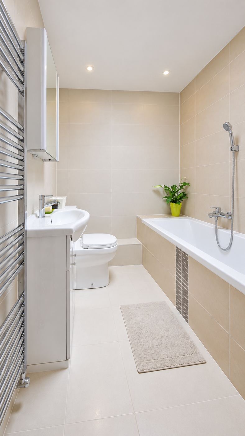Avant : salle de bain beige avec baignoire encastrée